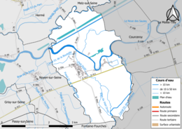 Carte en couleur présentant le réseau hydrographique de la commune