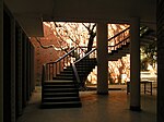 Sütunlu ve merdivenli modernist bir binanın içi