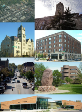 Do topo, em sentido horário: Dyche Hall, Eldridge Hotel, Shunganunga Boulder, Biblioteca Pública de Lawrence, Massachusetts Street, Douglas County Courthouse, vista aérea da cidade