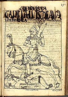 Captain Luis de Ávalos de Ayala kills Manco Inca Yupanqui in the conquest of Lima. Chronicle made in 1615 by the Inca painter Guamán Poma. Royal Library, Denmark.