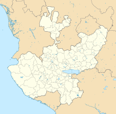 Mapa konturowa Jalisco, w centrum znajduje się punkt z opisem „Tonalá”