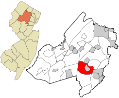 Location of Morris Township in Morris County highlighted in red (right). Inset map: Location of Morris County in New Jersey highlighted in orange (left).