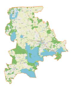 Mapa konturowa gminy Węgorzewo, na dole nieco na lewo znajduje się punkt z opisem „Sztynort Mały”