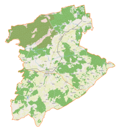 Mapa konturowa gminy Biała Piska, po lewej nieco u góry znajduje się punkt z opisem „Ruda”