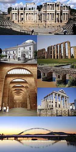 Collage of Mérida, Top:Merida Ancient Roman Theater, Second left:Asanblea de Extremadura (Extremadura Assembly), Second right:Acueducto de Los Milagros (Los Milagros Aqueduct), Third left:A interior of Merida National Roman Art Museum, Third upper right:Merida Roman Bridge, Third lower right:Tempo de Diana (Diana Temple), Bottom:A night view of Lusitania Bridge and Guadiana River