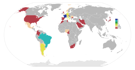 Részt vevő országok, színekkel jelölve a világbajnokságon elért eredményével