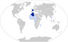 Frankrike i september 1939 Mörkblå: Franska republiken Ljusblå: Franska kolonier, mandat, och protektorat.