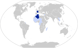 Wilayah dan koloni Republik Prancis pada akhir tahun 1939 * Biru tua: Wilayah Metropolitan * Biru muda: Koloni, mandat, dan protektorat