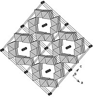 Polyhedral representation of the 2 x 2 tunnel structure of hollandite. The black atoms represent Ba.[8]