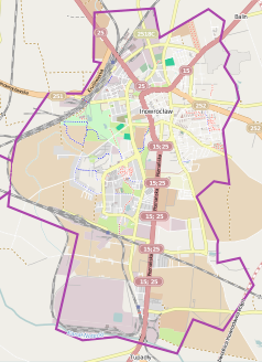 Mapa konturowa Inowrocławia, u góry nieco na lewo znajduje się punkt z opisem „Inowrocław”