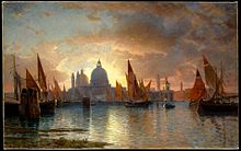 Coucher de soleil sur la basilique Santa Maria della Salute de Venise, entre 1870 et 1885