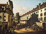 Das ehemalige Jesuitenkloster samt Stöcklgebäude und Sternwarteturm (Rechts; entlang des alten Dominikaner­platzes, heute Postgasse, links die Dominikaner­kirche; Bernardo Bellotto vlg. Canaletto, um 1760)[5]