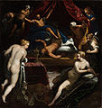 Jacopo Tintoretto: Herkules wirft einen Faun aus Omphales Bett, ca. 1585, Öl auf Leinwand, 112 × 106 cm, Szépművészeti Múzeum, Budapest