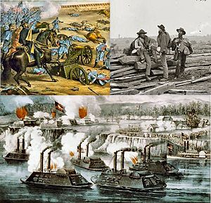 Горе вляво Розенкранц при Стоунс Ривър, Тенеси; горе вдясно: конфедеративни пленници при Гетисбърг; долу: битка при Форт Хиндман, Арканзас