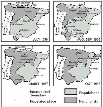 Frontverlauf in den ersten zwei Jahren des Spanischen Bürgerkriegs