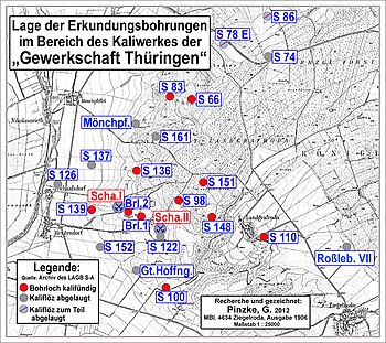 Lage der Schächte I und II der „Gewerkschaft Thüringen“ sowie relevanter geologischer Erkundungsbohrungen