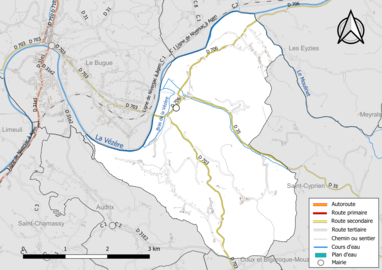 Carte en couleur présentant le réseau hydrographique de la commune