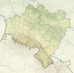 Mapa konturowa województwa dolnośląskiego, blisko centrum na lewo znajduje się punkt z opisem „źródło”, powyżej na lewo znajduje się również punkt z opisem „ujście”