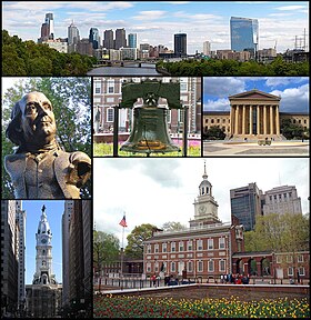 Do topo, da esquerda para a direita: panorama de Filadélfia, estátua de Benjamin Franklin, Sino da Liberdade, Museu de Arte de Filadélfia, Paço municipal de Filadélfia e o Independence Hall