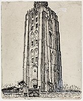 Vuurtoren bij Westkapelle, inkt, krijt en gouache op papier, Piet Mondriaan (1909); coll. Gemeentemuseum Den Haag