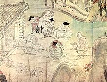 Painting. A Buddhist monk points his golden bowl to the ground. A man places a bag of rice in said bowl. Four other men watch. The rest of the bags of rice begin to fly away.