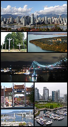 Theo chiều kim đồng hồ từ trên cùng: Trung tâm Vancouver nhìn từ bờ nam của vịnh False, Đại học British Columbia, cầu Lions Gate, quang cảnh từ cầu Granville Street, cầu Burrard, Thiên Hi môn tại phố Trung Hoa, những cột vật tổ trong công viên Stanley