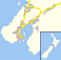 Mapa konturowa Wellington, blisko centrum na lewo znajduje się punkt z opisem „Museum of Wellington City & Sea”