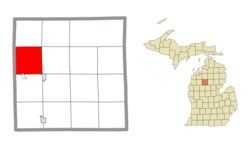 Left: location within Missaukee County and an administered portion of the Jennings CDP (pink); right: location within the state of Michigan