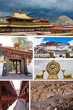 Từ trên xuống dưới, từ trái qua phải: mái Chùa Đại Chiêu; cổng tu viện La Bố Lâm Khải; Cung điện Potala; Pháp luân và bánh xe cầu nguyện (dưới); Chùa Đại Chiêu; ảnh vệ tinh của Lhasa