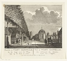 Gezicht op de kerktoren van Westkapelle, door Jan Arends ets uit 1778; coll. Rijksmuseum[9]