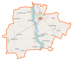 Mapa konturowa gminy Janikowo, blisko górnej krawiędzi znajduje się punkt z opisem „Parafia św. Jana Chrzciciela”