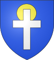 Blason théorique. D'azur à la croix latine d'argent nimbée d'or.