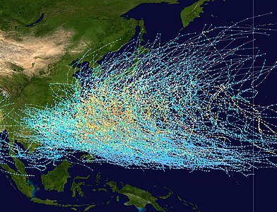 Сводная схема маршрутов тихоокеанских тайфунов в 1980—2005 годы
