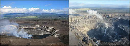 ハレマウマウ火口の比較画像 左が4月、右が7月