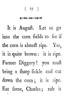 Page reads: "It is August. Let us go into the corn fields to see if the corn is almost ripe. Yes, it is quite brown: it is ripe. Farmer Diggory! you must bring a sharp sickle and cut down the corn ; it is ripe. Eat some, Charles; rub it "