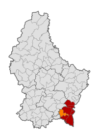 Map of Luxembourg with Dalheim highlighted in orange, and the canton in dark red