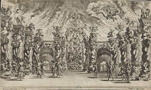 Scenografia degli Inferi per l'opera Il Pomo d'Oro di Antonio Cesti, messa in scena di Vienna, 1668, incisione di Matthäus Küsel