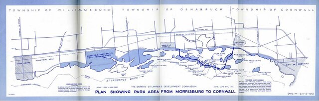 "A blue on white map of the Ontario shoreline on the St. Lawrence which shows the proposed park system on the flooded shoreline."