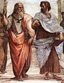 Image 11Plato (left) and Aristotle (right), a detail of The School of Athens, a fresco by Raphael. Aristotle gestures to the earth, representing his belief in knowledge through empirical observation and experience, while holding a copy of his Nicomachean Ethics in his hand, whilst Plato gestures to the heavens, representing his belief in The Forms.