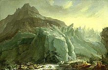 Tableau d'un paysage glaciaire inhospitalier en montagne contemplé par deux minuscules personnages dans le coin inférieur droit, au bord d'un torrent.