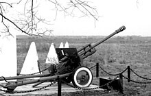 Yam-Izhora field-gun (back) and firing line (View from west) bw.jpg