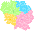 Les arrondissements en 1800 : Aubusson (rose), Bourganeuf (jaune), Boussac (bleu), Guéret (vert)