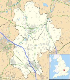 Mapa konturowa Bedfordshire, blisko centrum u góry znajduje się punkt z opisem „Bedford”