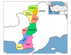 Mapa dos distritos da província de Edirne