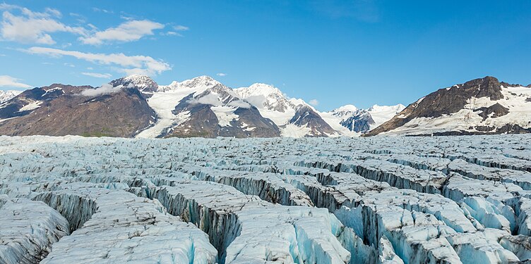 Flying over a glacier in Chugach State Park, Alaska, USA.