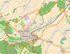 Mapa konturowa Świebodzic, po lewej nieco na dole znajduje się punkt z opisem „Osiedle Słoneczne”