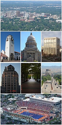 Fr.v.: Boise skyline, Train Depot, Idaho State Capitol, One Capitol Center, Hoff building, Grove Fountain, Capitol Blvd. och Albertsons Stadium[1] (f.d.Bronco Stadium).