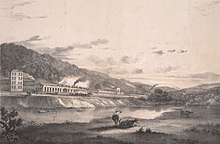 a drawing of a row of large stone industrial buildings beside a river