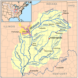 ウォバッシュ川の流域を示した図。オハイオ川以外のこの図に示された河川は、いずれもウォバッシュ川の支川である。着色されて強調されている部分は、例として示されたウォバッシュ川の支川であるバーミリオン川（英語版）と、フォーク（英語版）と称されるその支川。ウォバッシュ川自体もオハイオ川の支川であり、そのオハイオ川もミシシッピ川の支川である。