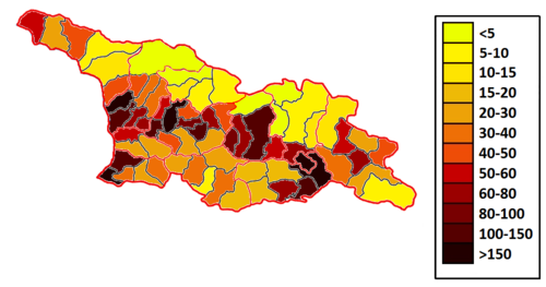 2016 йылға ҡарай Грузия халҡының тығыҙлығы (Абхазия һәм Көньяҡ Осетия менән бергә).